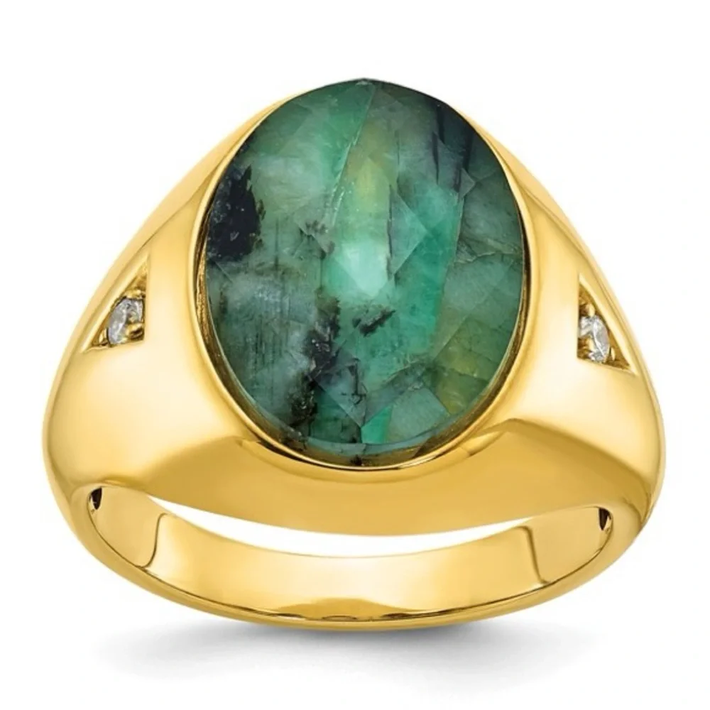10K Yellow Gold Men's Oval Emerald Doublet & Diamond Ring